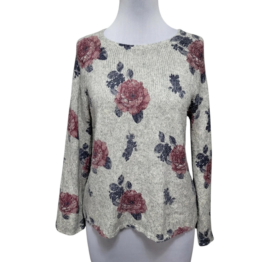 Lucky Brand L Rose Floral Pattern Knit Crochet Pullover Sweater Flare Sleeves